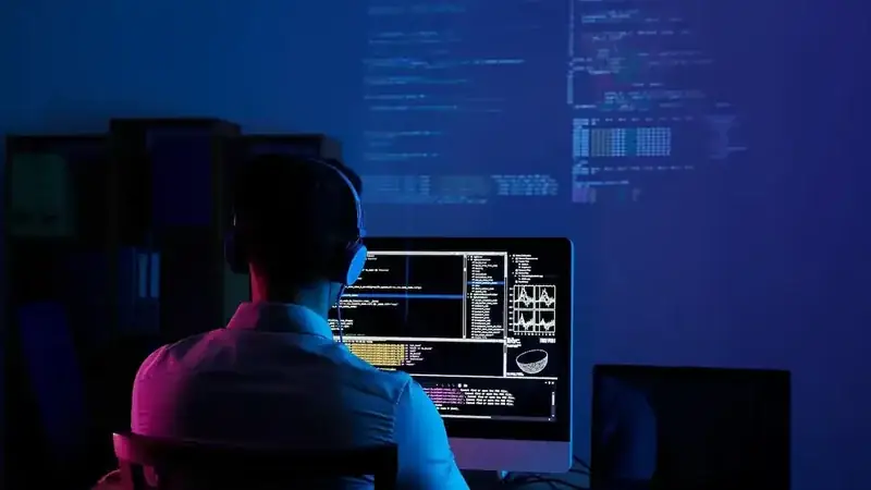 Webentwicklung in dunkler Arbeitsumgebung mit Code auf mehreren Bildschirmen