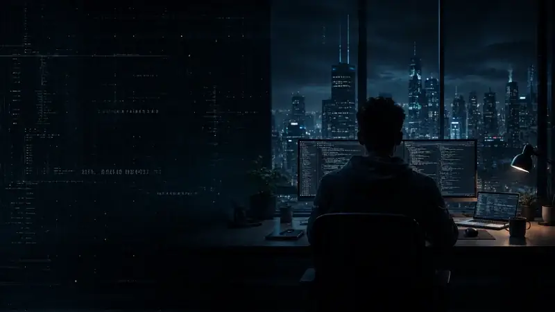 Webentwickler an mehreren Bildschirmen vor nächtlicher Skyline
