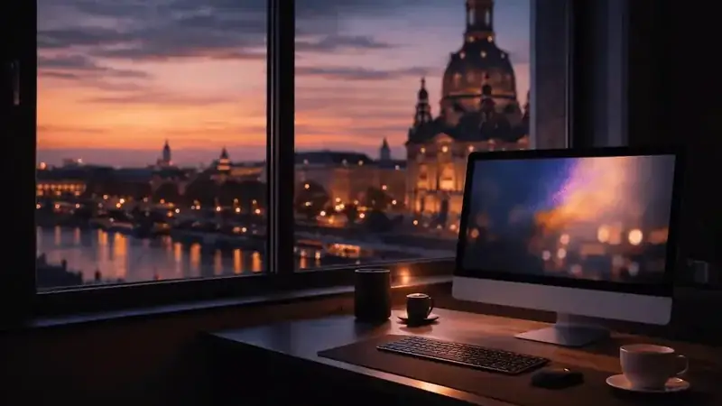 Webdesign-Arbeitsplatz mit Bildschirm und Blick auf Dresden bei Abendlicht